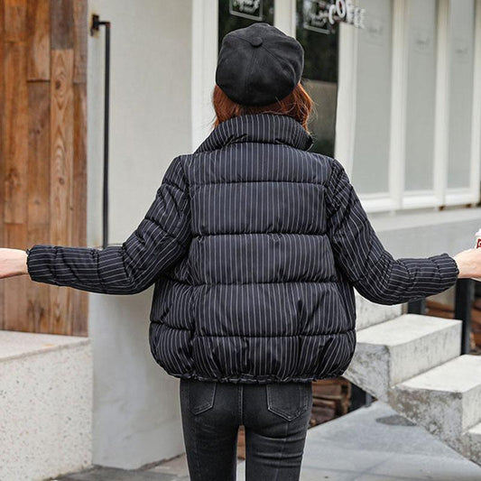 Down Cotton Jacket Women's Short Striped Loose Korean Fashion All-match Jacket Temperament Stand-up Collar Top