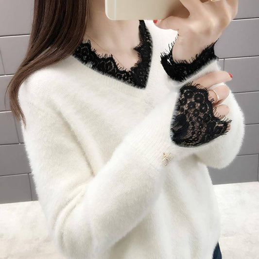 Fake Two Pieces V-neck Sweater Women's Lace Stitching Loose Pullover Thickening Sweater