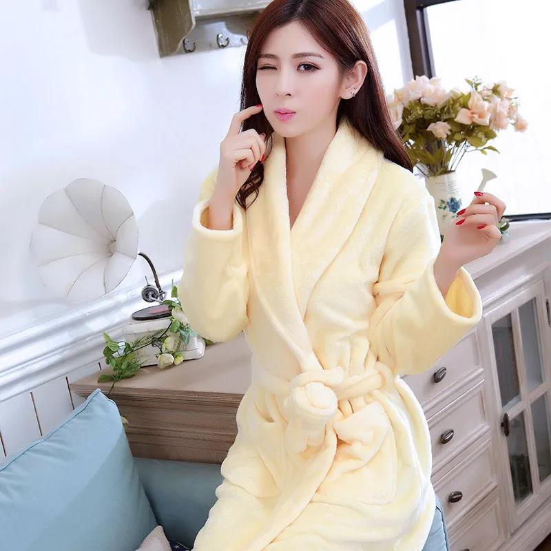 Ladies Pure Color Homewear Pajamas Winter Cashmere Warm Home Clothes Quick-drying Bathrobe Robe Coat Long
