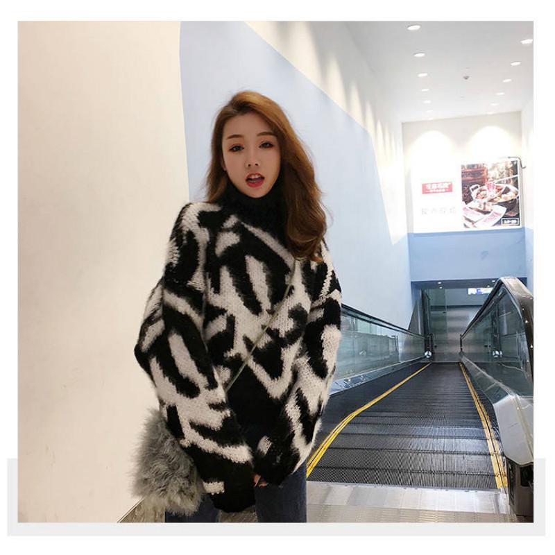 2 Colors Sexy Lady Turtleneck Leopard Sweater Knitwear Loose Pullover Jumper Short Top
