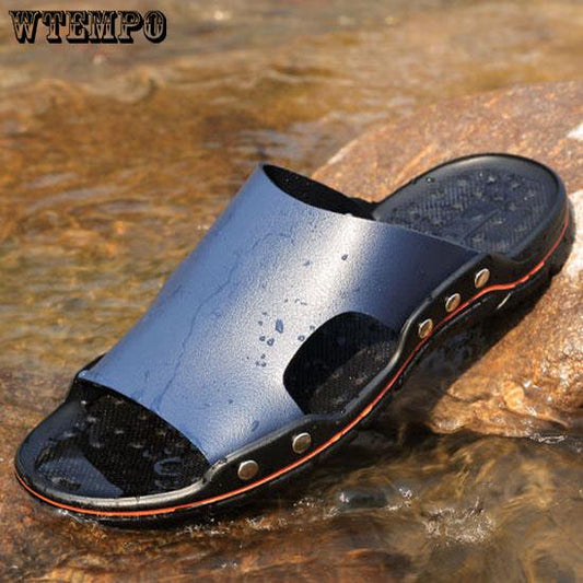 Pair of Shoes Men Hand-stitched Outdoor Closed Toe Leather Sandals Summer Beach Slippers