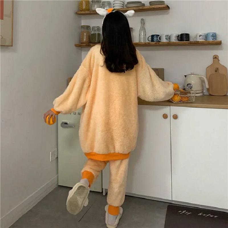 Women's Autumn Winter Flannel Pajamas Set Warm Plus Velvet Thickening Cute Cartoon Carrot Coral Fleece Two-piece Suit Leisure Loose Homewear