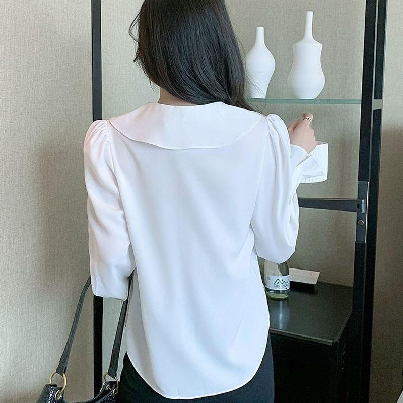 Women's Spring and Autumn Long Sleeve Shirt Chiffon Solid Color Top