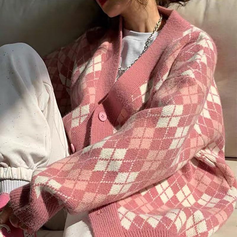 Autumn Winter Check Color Contrast V-neck Long Sleeved Sweater Jacket Women Retro College Style Loose Knit Cardigan Outer Wear