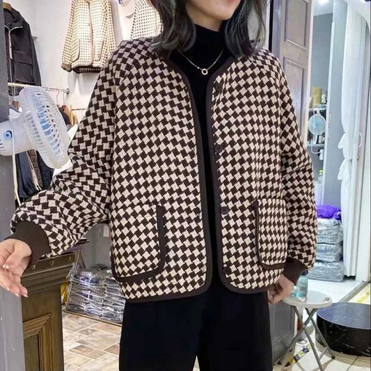 Round Neck Houndstooth Short Coat Women's Spring and Autumn High-end Foreign Style All-match Long-sleeved Top