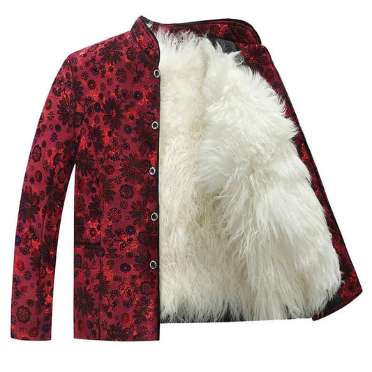 Wool Padded Jacket Ladies Middle-aged and Elderly Winter Thick Fur Warm Coat Mother Wear Leather Long-sleeved Jacket