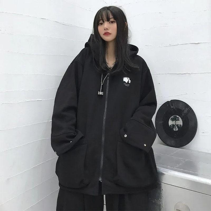 Spring and Summer Dark Style Hoodie Women Loose Thin Zipper Cardigan Sweater Student Panda Coat Ladies Casual Slim Print Coat