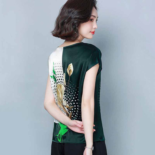 Short-sleeved Round Neck T-shirt Sunscreen Ice Silk Fabric Ladies Plus Size Loose Casual Printed Top Women