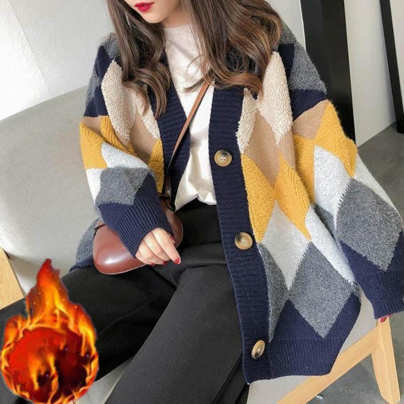 Plus Velvet Thick Knitted Cardigan Women Autumn and Winter Loose Sweater Coat Plus Size Women's Clothing Trend