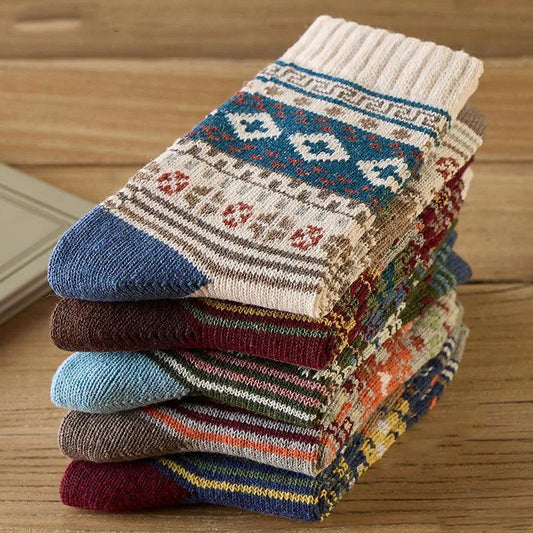 5 Pairs Retro Flower Socks Autumn Winter Ethnic Style Cotton Stockings Thick Thermal Line Diamond Knitted Warm Warm Socks Mid Tube Socks