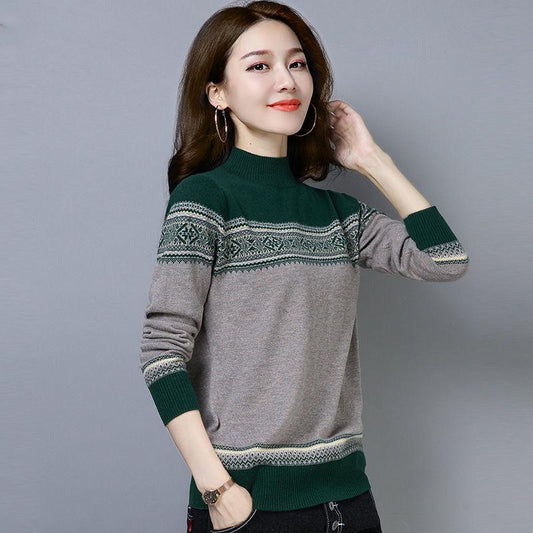 Vintage Printed Sweater Women High Neck Sweater National Style Clothes Knitted Bottoming Shirt Loose Short Sweater Top