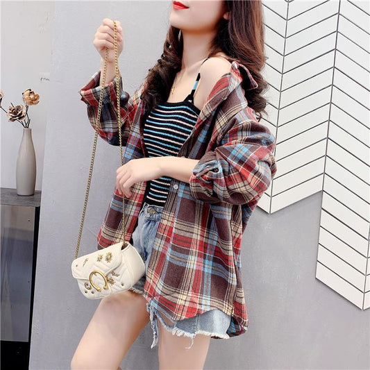 POLO Collar Contrast Color Plaid Brushed Loose Shirt Women's Spring and Autumn Retro Top