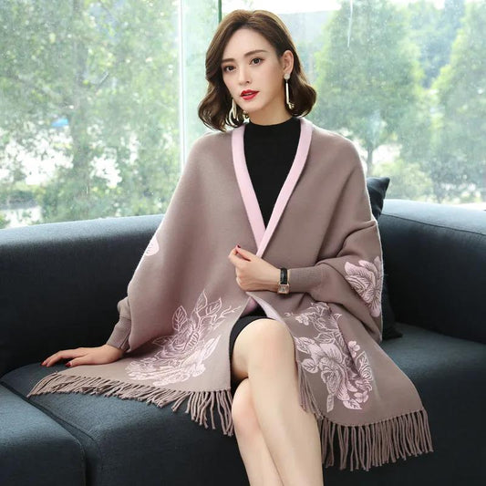 Shawl Women's Autumn/winter Cape-style Jacket Mid-length Tassel Jacquard Knitted Cardigan Thickened Two-wear Faux Cashmere Outer Wear