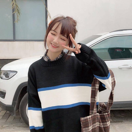 College Style Autumn Winter Sweater Women Loose Lazy Student Striped Sweater Shirt Coat