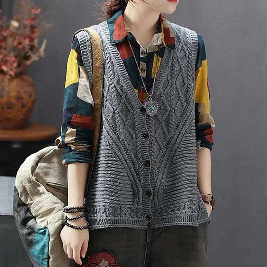 Spring and Autumn Loose Casual Sweater V-neck Cardigan Knitted Vest All-match Retro Female Top