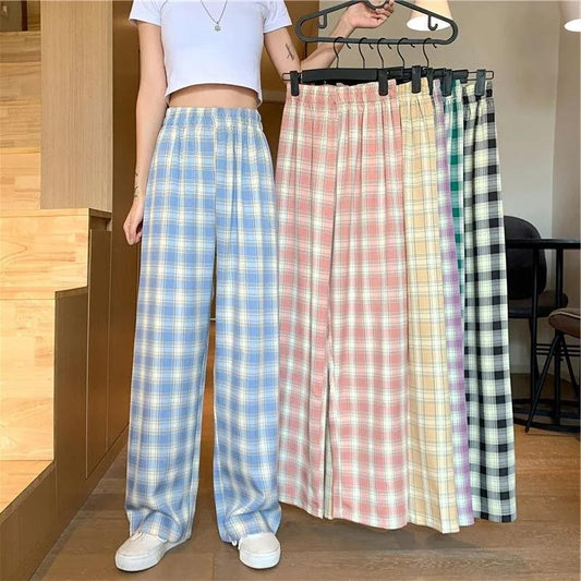 Women's Summer Plaid Trousers Korean Style Japanese Loose Thin Wide-leg Pants All-match Straight Casual Pants Retro High Waist Elastic Pants