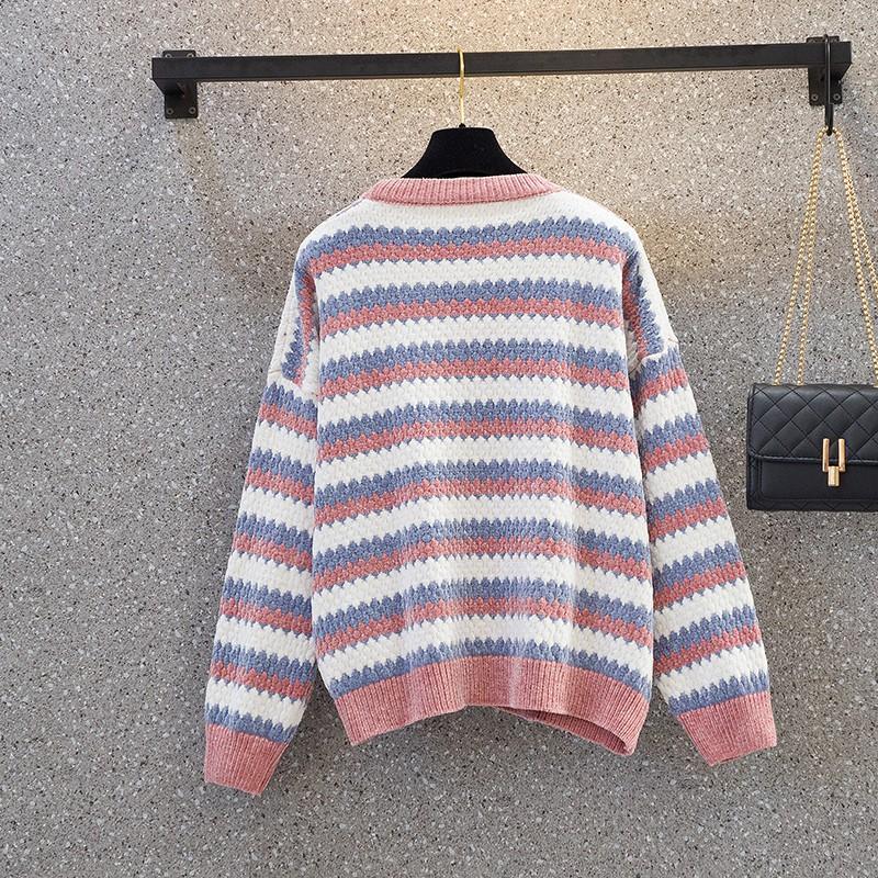 Autumn Winter Women Stripe Knitting Sweaters Korean O-Neck Loose Casual Jumpers Long Sleeve Pullover Tops Girls Sweet Warm Sweater Soft Knitwear Coat