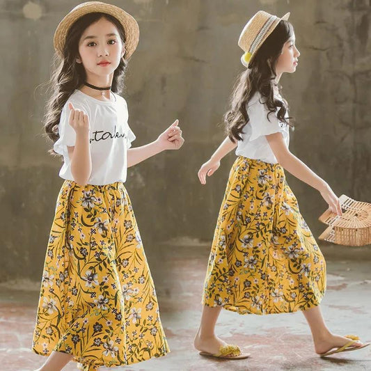 Girls Summer Dress Girls Skirt Pants Suit Medium and Large Children's Short-sleeved Wide-leg Pants Casual Two-piece Suit