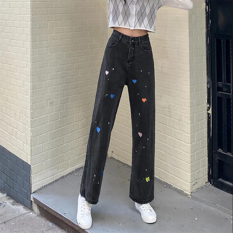 Spring and Autumn High Waist Jeans Women's Loose Thin Wide Leg Love Embroidered Pants Japanese Thin High Waist Casual Pants