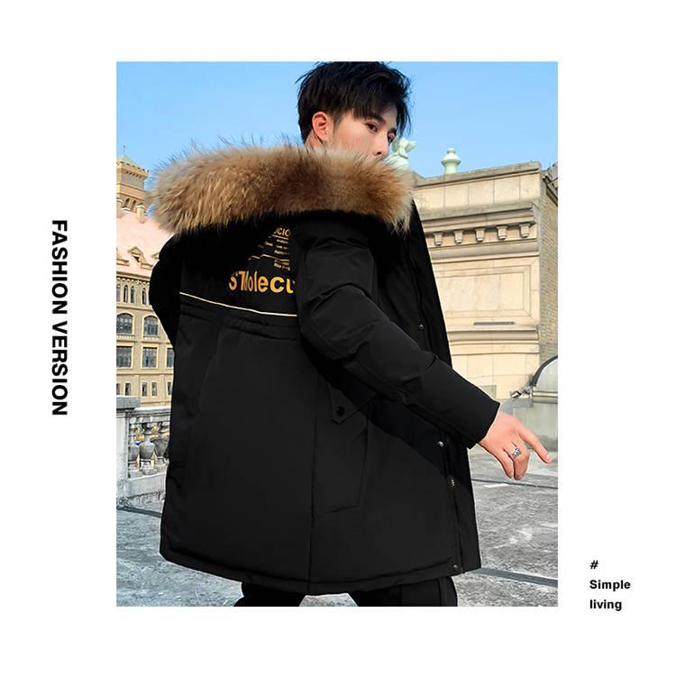 Winter Men's Parka Coat Thicken Warm Fleece Jacket Large Fur Collar Hooded Cotton Jacket