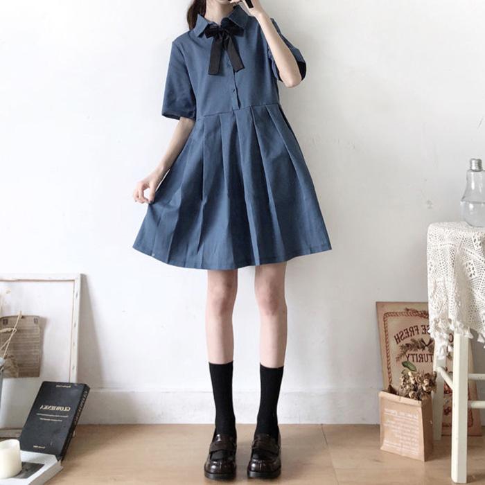Colorful Cute Sweet Girl Bow Ruffle College Style Age Reduction Looser Short Sleeve Dress