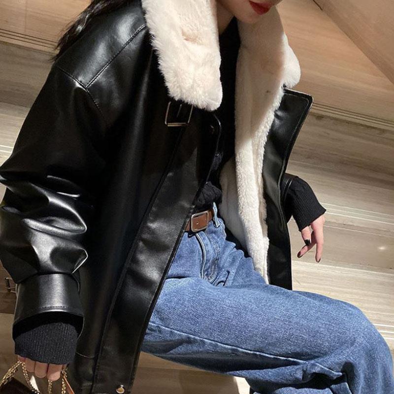 Autumn and Winter Leather Jacket Retro Loose Motorcycle Jacket Plus Velvet Thickening Mid-length Women's Leather Jacket