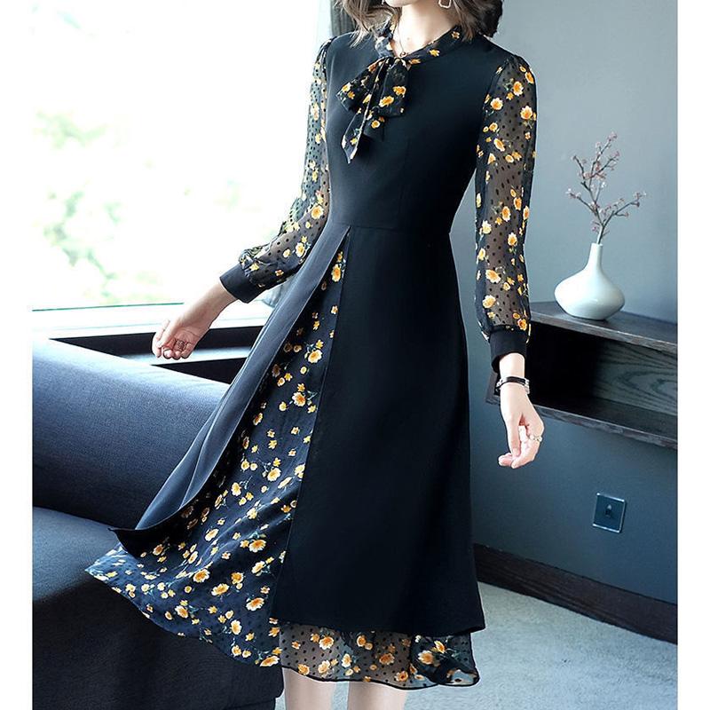 Large Size Women's Chiffon Stitching Fake Two-piece Dress Loose Casual Elegant Long Skirt Black Floral