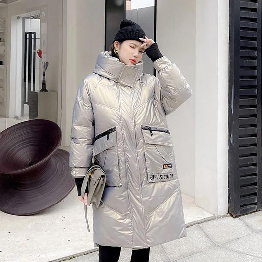 Matte Down Jacket Mid-length Women's Loose Hooded White Duck Down Warm Student Jacket