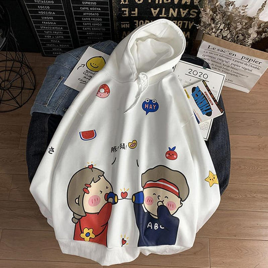 Autumn and Winter Cartoon Loose Hooded Sweater Men's Couple Print Pullover Jacket Student