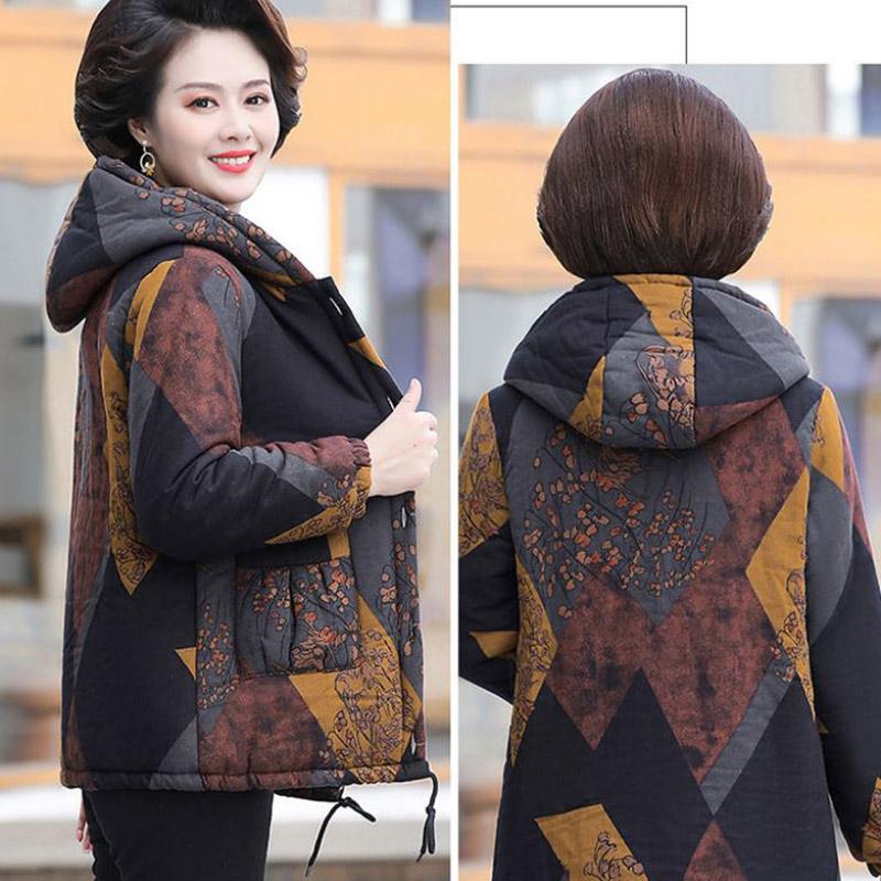 Winter Padded Jacket Chinese Printing Hooded Down Jacket Plus Velvet Padded Short Padded Jacket