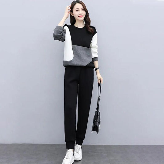 Women's Suits Are Loose Thin and Age-reducing Casual Two-piece Round Neck Long-sleeved Shirt + Casual Pants Warm and Comfortable