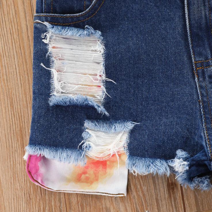 Summer Girls' Hole Shorts One Shoulder Top Denim Shorts Set Three Piece Children's Denim Shorts Suit
