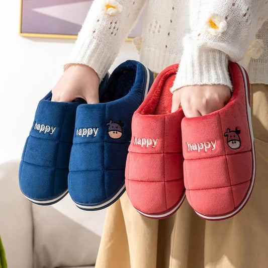 Winter Slippers Women Plaid Embroidery Non Slip Warm Men Slides Thick Fleece Warm Slippers Plus Size Shoes