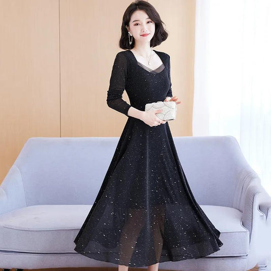 Spring and Summer Mesh Dress Women's Long-sleeved Long Section Slim Temperament Long Rectangular Neckline Printed Skirt