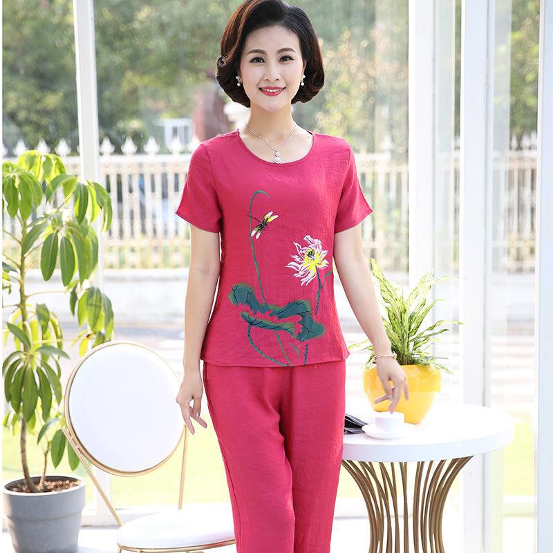 WTEMPO Casual Two-piece Set Middle-aged Women's Plus Size 2pcs Suit Spring and Summer Short Sleeve Loose