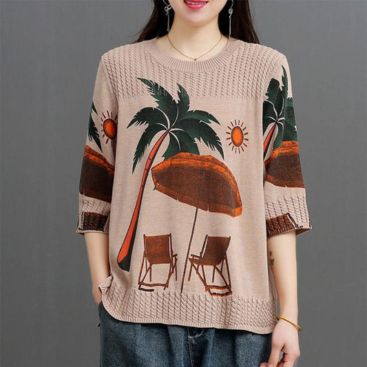 Pure Cotton Line Sleeves Ethnic Style Literary Retro Print Pullover Loose All-match Knitted Sweater Women