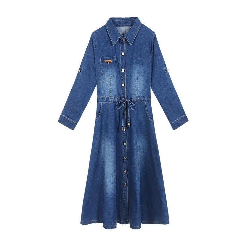 Denim Dress Women's Spring and Autumn Waist Tightening Long-sleeved Mid-length A-line Dress