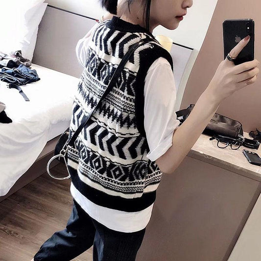 Spring and Autumn Fashion All-match Sweater Retro Striped Knitted Top Loose Jacquard Women's Vest
