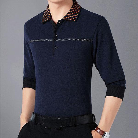 Middle-aged Aged Men's Dot Collar Printed Lapel Polo Shirt Loose T-Shirt Top Long Sleeve Shirt Bottoming Shirt Spring and Autumn