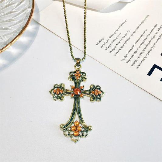 Cross Letter Clavicle Chain Champagne Diamond Crystal Necklace Sweater Chain Accessory