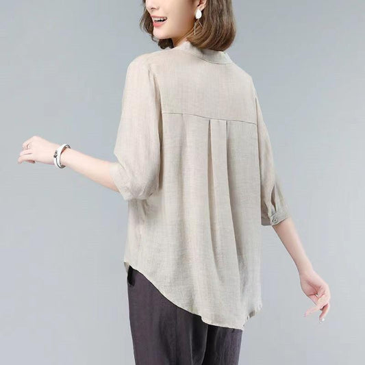 Cotton and Linen Shirt Women's Summer Plus Size Medium-sleeves Blouse Thin Three-quarter Sleeve Top Solid Color Loose Shirts Buttons Pocket Top