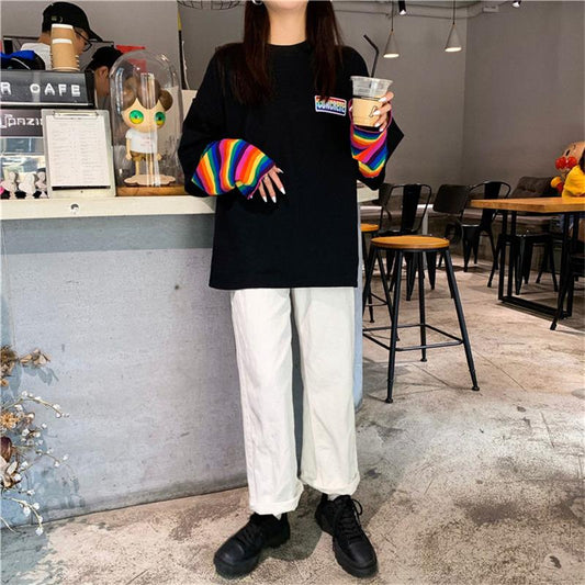Spring Autumn Women Harajuku Long Sleeve Rainbow O-Neck T-Shirts Casual Striped Femme Black Tops Pullover