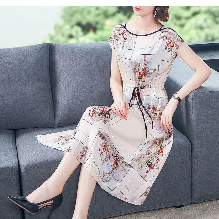 Women's Spring Summer Silk Dress Short-sleeved Over-the-knee Long Skirt Simple Print Pattern Large Size Dress Loose Versatile