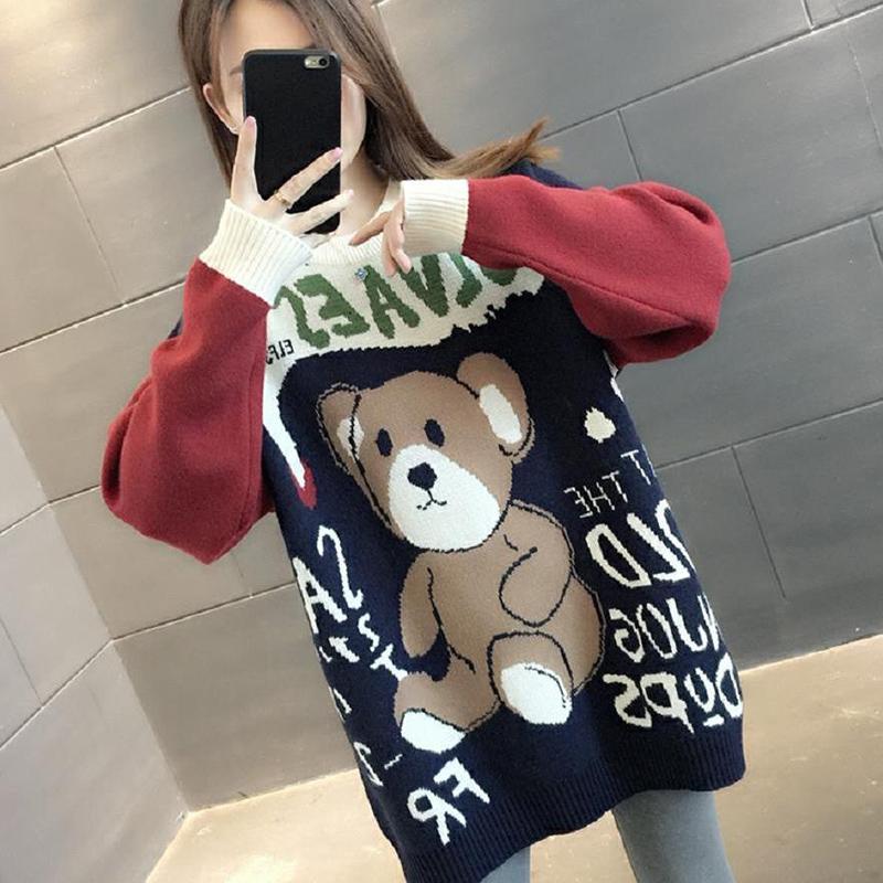 Autumn Winter Women Fashion Sweater Casual Knitting Sweater Round Neck Pullovers Loose Retro Long Sleeve Sweater