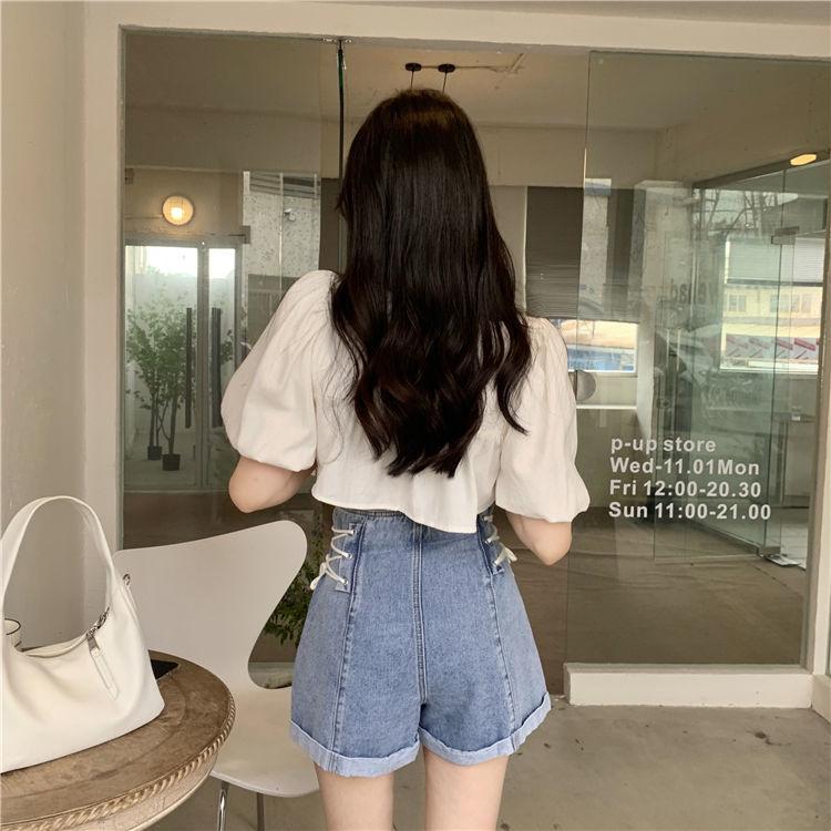 Denim Shorts Women's Spring/Summer High Waist Fashion Lace Up Wide Leg Pants A-Line Shorts
