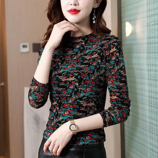 Women's Spring and Autumn Bottoming Shirt Thin Print Slim Half Turtleneck Letter Top T-shirt