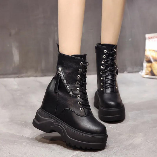 Women's Boots Children's Autumn and Winter Martin Boots British Style Short Boots Plus Velvet Thick-soled Inner Heightening Women's Shoes