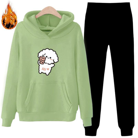 Printed Hoodie Sweater Women's Long Sleeve Fall/Winter Warm Pullover Pocket Plus Fleece Sweater Women's Two-piece Casual Warm Suit