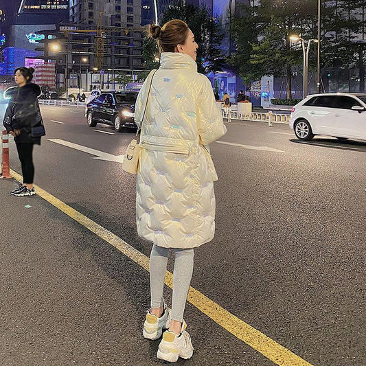 Autumn and Winter Bright Face Stand-up Collar Hoodless Cotton-padded Jacket Women's Mid-length Large Size Loose Bread Jacket Warm Cotton Jacket