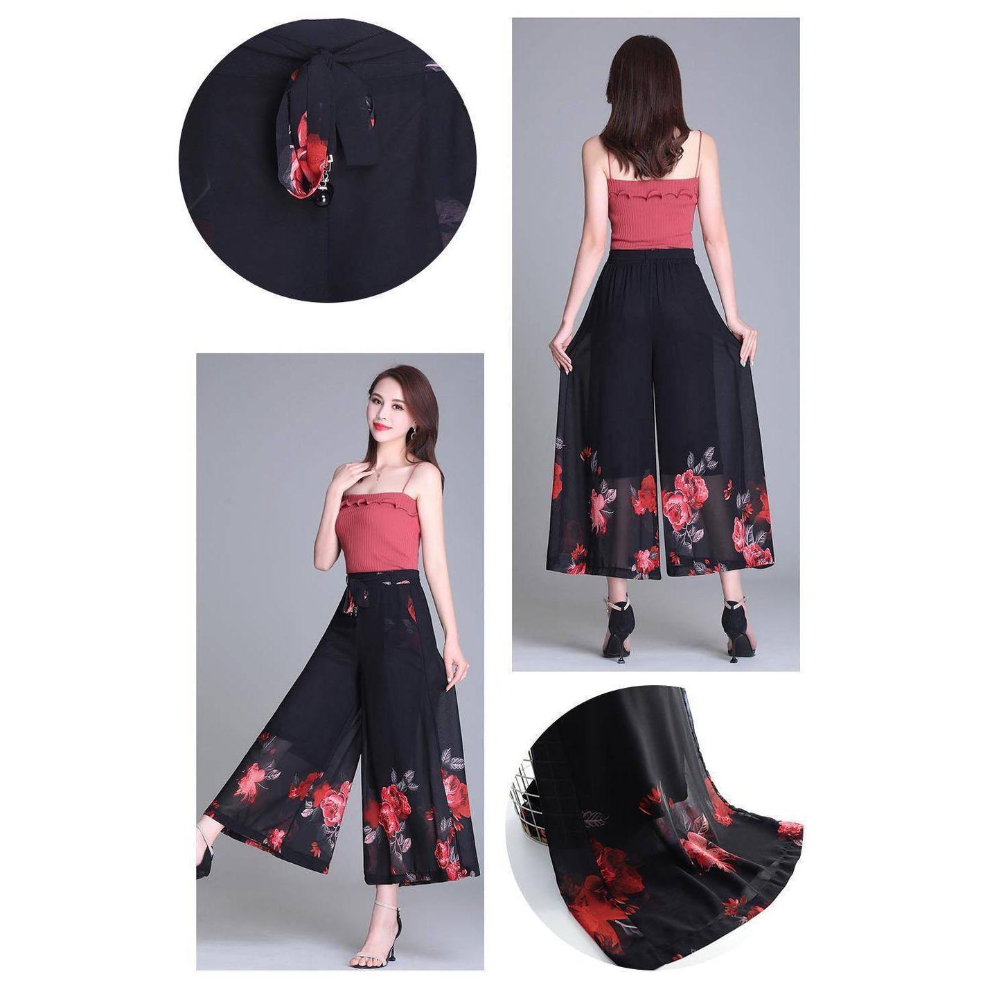 S-4XL Women's Spring Summer Elastic Waist Wide Leg Pants Large Size Thin Loose Printed Cropped Pants